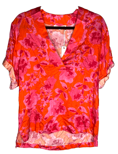 Olivfarbene Bluse Bündchenärmel hellrosa & orange Blumenmuster Gr. Small - Bild 1 von 7