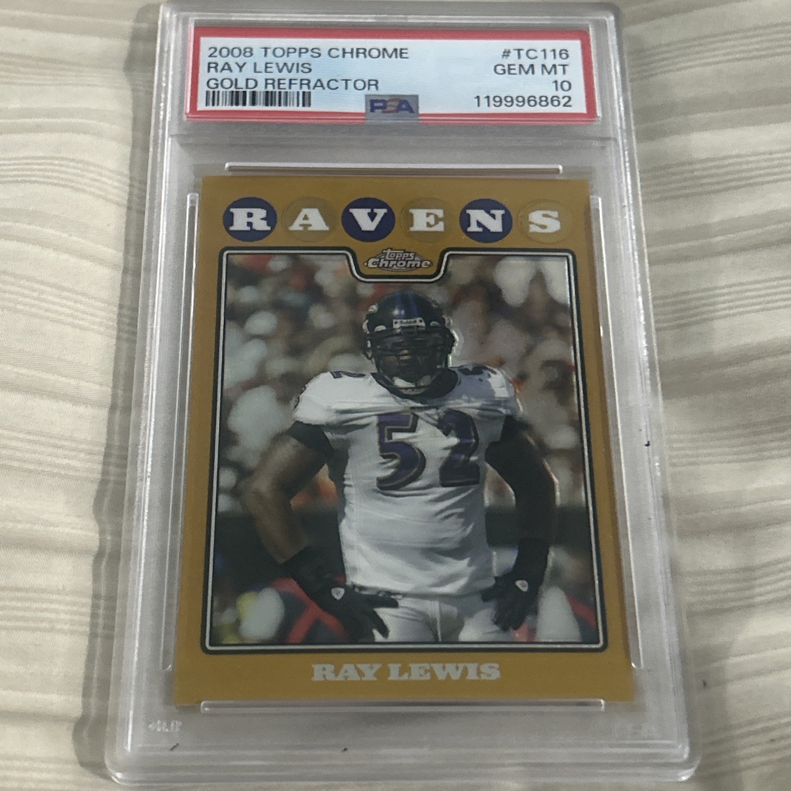 2008 TOPPS CHROME GOLD REFRACTOR #TC116 RAY LEWIS PSA 10 GEM MINT 033/199