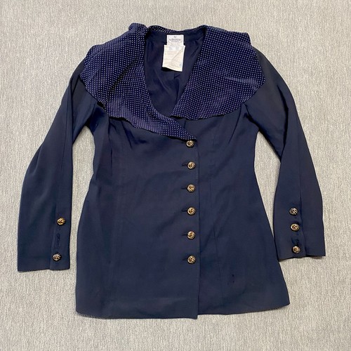 Valentino Boutique / Miss V, Vintage Valentino Boutique Blazer Navy Blue Polka Dot Silk Womens Size 12 Jacket