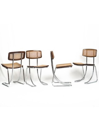 Set of 4 vintage Cantilever Chairs in Chrome, Wood and Vienna Straw, 1970s