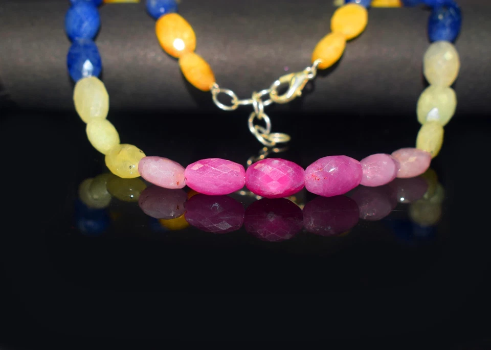 Collana regolabile 18" pietra preziosa ovale sfaccettata multi zaffiro... - Immagine 3 di 4