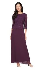 Alex Evenings 3/4 Sleeve Lace Bodice Mother of Bride Dress Deep Plum Sz 16