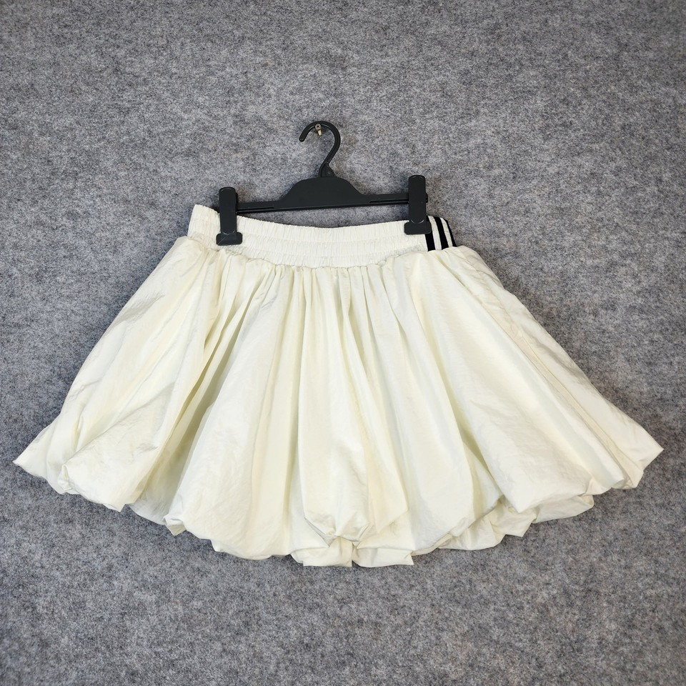 Adidas Womens Bubble Skirt L White Polyamide Sporty Three Stripe Activewear Mini
