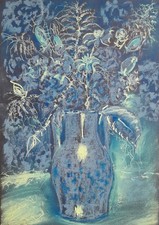 Original Blue Monochrome Flowers Art Dry Pastel Painting Wall Art 8.3x11.4 in