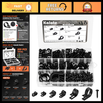 320PCS Black Cable Clips Set - 6 Sizes for Wire Management, Durable Nylon, High