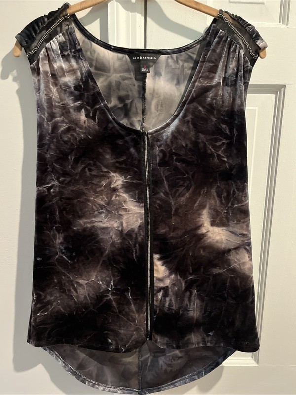 Rock & Republic S Crushed Velvet Black Gray Tie Dye Tank Top Concert Festival