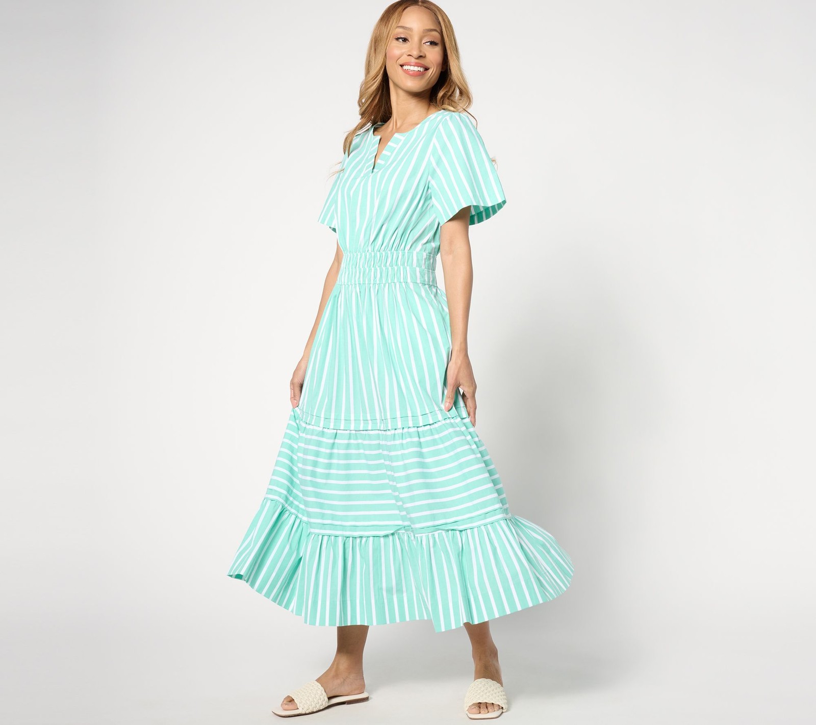 Isaac Mizrahi Live! Women's Dress Sz L Yarn Dye Stripe Poplin Maxi Green A646863