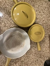 3 Piece Descoware Made In Belgium Yellow Cast Iron Enamel Pan Set.