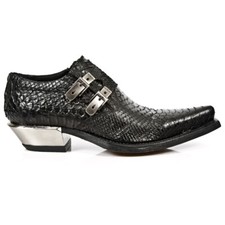 NEWROCK 7934-S2 Mens Embossed Python Black Leather Shoes Buckle Steel Heel Boot