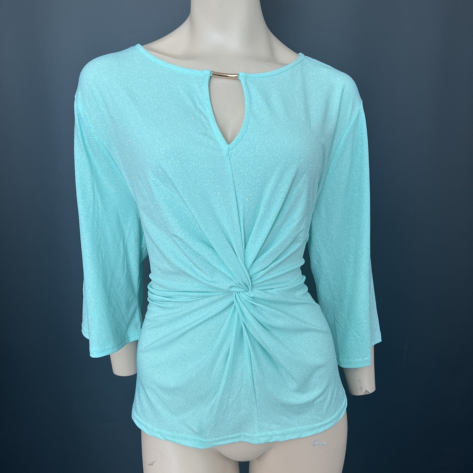 Gerard Talla 22 Azul Aqua Purpurina Giro Frente Blusa Top Cerradura Cuello Alto