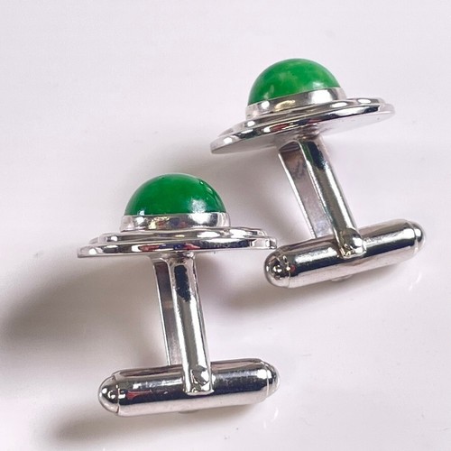 Vintage Anson Cufflinks Silver Green Marbled Round Cabochon Stone Celtic Style - Picture 4 of 7