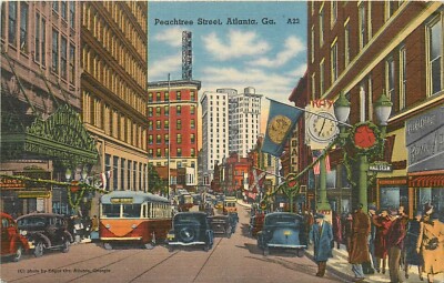 1940s Atlanta Georgia Peach Street bus autos people Tichnor Postcard 24-11732