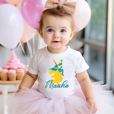 Personalized Custom names 3 to 11 years old baby T-shirt, (3-11) Birthday unicon