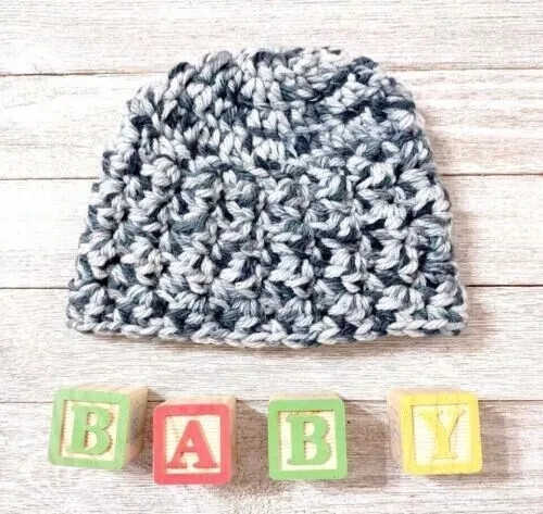 handmade crochet baby hat beanie newborn gray speckle puff USA seller - Picture 2 of 2