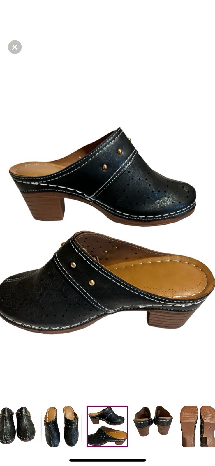 Black Leather Clogs with Brass Buckles and Studs for Women-image