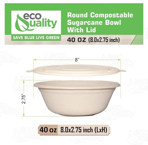 40oz Round Disposable Compostable Paper Bowls with Fiber Dome Lids 100pcs - Picture 2 of 7