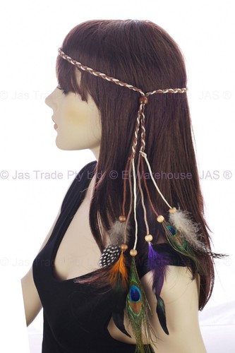 Peacock Feather Hippie 70s Party Plaited Braided Headband Hair Band Extension - Picture 37 of 43