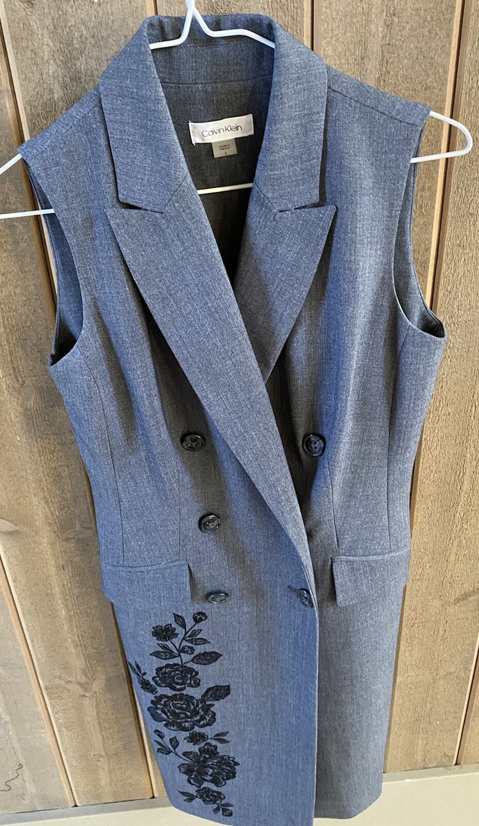CALVIN KLEIN Gray Embroidered Floral Sleeveless Blazer Dress Sz