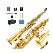 Soprano Saxophone SAX Bb Brass Lacquered Gold Body and Keys Woodwind instrume...