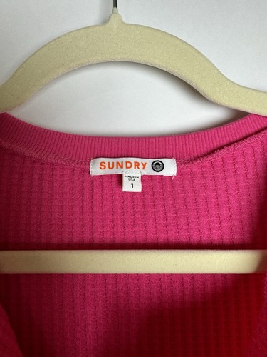 Sundry Thermal Stripe Trim Henley In Azalea Pink Stretchy Casual Size 1 (S) - Picture 4 of 7