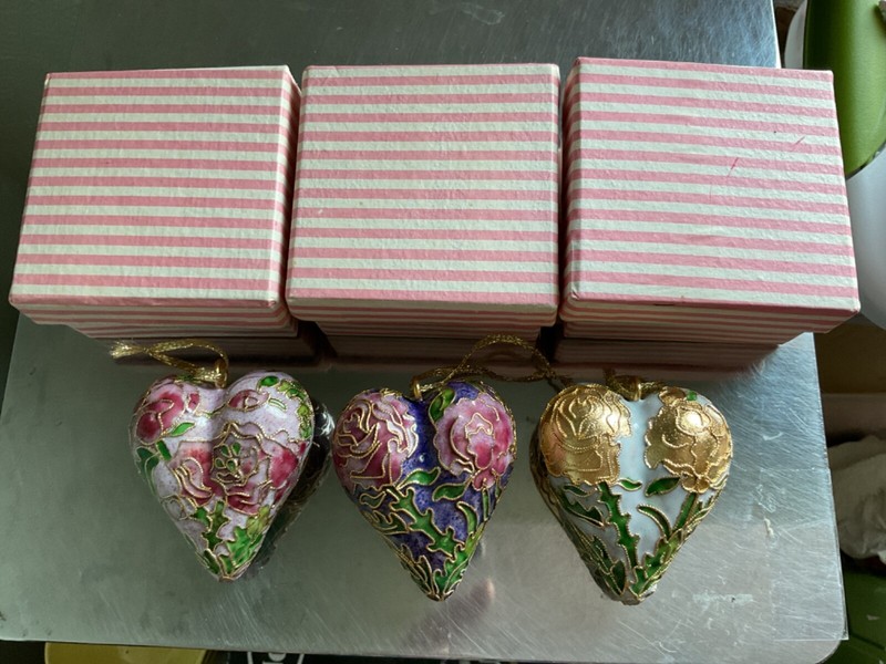3 Vintage Cloisonné Heart-Shaped Ornaments - Pink / Purple / White