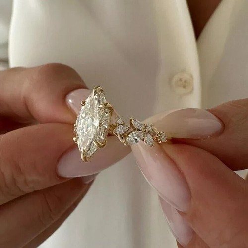 2Ct Marquise Cut Lab Created Diamond Halo Engagement Ring 14k Yellow Gold Plated - Picture 2 of 5
