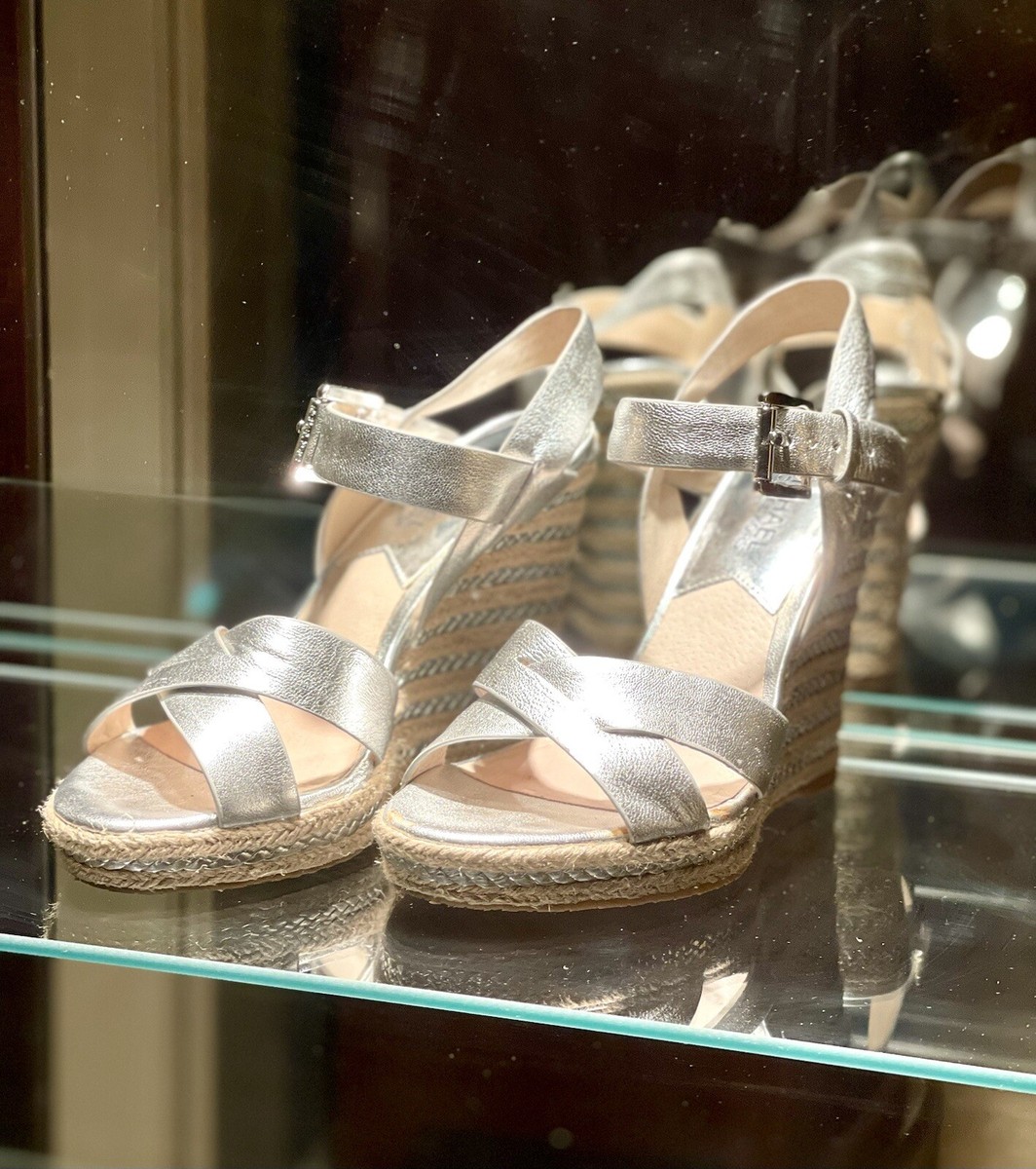 Michael Kors Womens Viola Espadrilles Sandals Silver Leather Wedge