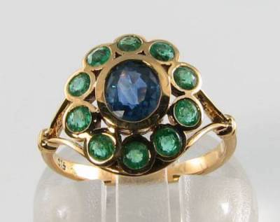 9CT 9K Gold Saphir Smaragd Cluster Cocktail Art Déco Ring Neu Auf Maß