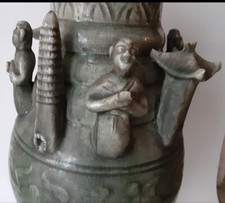 Antique Chinese Jin Dynasty Celadon Hunping Spirit Jar with Buddhas and Temples