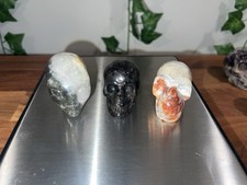 Crystal Skulls Lot Of 3 Fluorite Fairy Elf, Crazy Lace, Garnet Fireworks Skullis