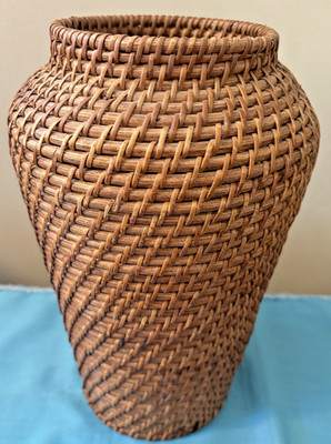 Vintage Handwoven  Rattan Vase Boho Rustic Farmhouse  11.5 H Brown Tall