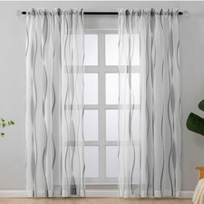 Grey and White Sheer Curtains 84 Inch Long 2 Panels Set, Light Gray Printed