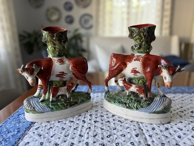 Staffordshire Pottery Cow Figure Spill Vases
