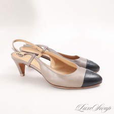 Chanel Made in Italy Greige Truffle Black Cap Toe Slingback CC Monogram Shoes 37