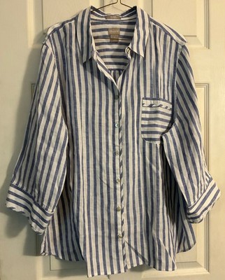 Chico s 4 Blue & White Striped No Iron Linen 3/4 Sleeve Button Up Top XXL 20/22