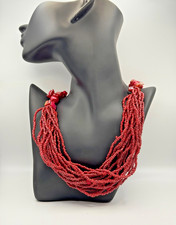 Statement Red Multi-Strand Beaded Necklace, Chunky Shell Pearl Accents, Boho