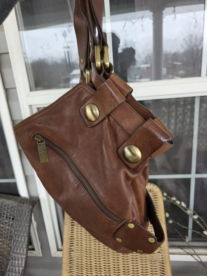 Bolso de Hombro Kooba Cuero Marrón Hobo Grunge Doble Correa Bolso de Mano Envejecido Foto 3 de 4