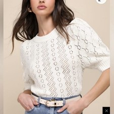 Free People Eloise Ivory Pointelle Puff Sleeve Sweater Top NWT Size Extra Small