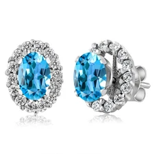 925 Sterling Silver Swiss Blue Topaz Stud Earrings with Removable Jackets For