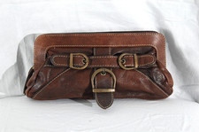 River Island Brown Leather Clutch Bag Buckle Straps "Vintage"  VGC