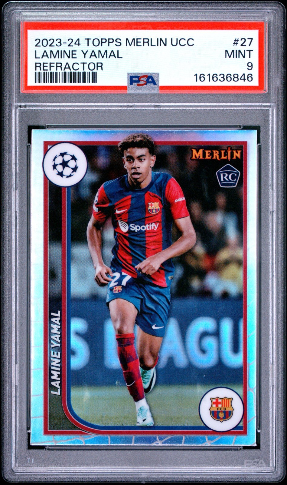 Lamine Yamal 2023-24 Topps Merlin UCC #27 REFRACTOR Rookie RC - PSA 9