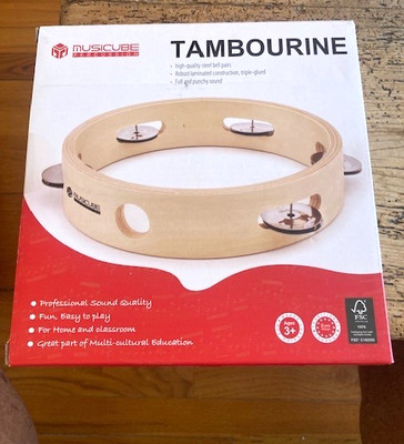 NEW TAMBOURINE FROM MUSICUBE-SEALED BOX-SEEL BELL PAIRS,LAMINATED WOOD CONSTRUCT