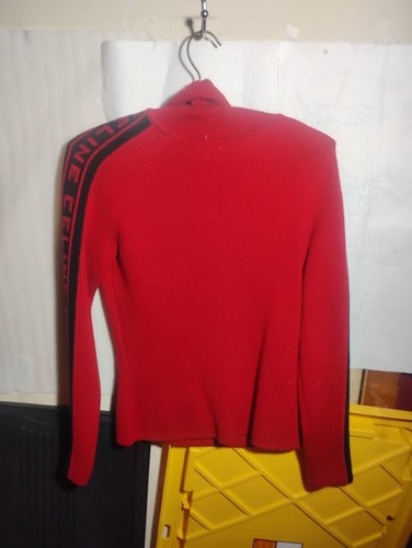Celine, Maglione vintage Celine rosso cashmere maglia a costine logo manica righe girocollo M