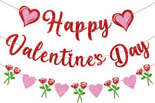 Happy Valentine  S Day Banner,With Glitter Pink Heart Rose Garland, Valentines Pa