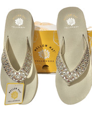 Yellow Box Flip Flops Mellow Mat Size 7.5 Beige Rhinestones New Tags and Box