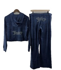 JUICY COUTURE Velour OG Bling Tracksuit Hoodie Pant Set Regal Blue M Rhinestone