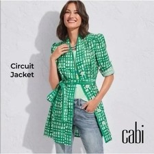 CABI Green Grid Belted Button Up Circuit Jacket Trench Coat Linen Blend Size L