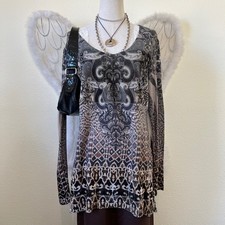 Dark Romantic Boho Fairy Grunge Long Sleeve Tunic Top Gray Black Damask Velvet