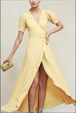 Reformation Lochness Dress Large Wrap Maxi Yellow Lightweight Summer Wedding
