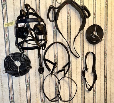 Black Leather MINI Small Pony Horse Driving Harness with Dark BLUE Heart Cutouts
